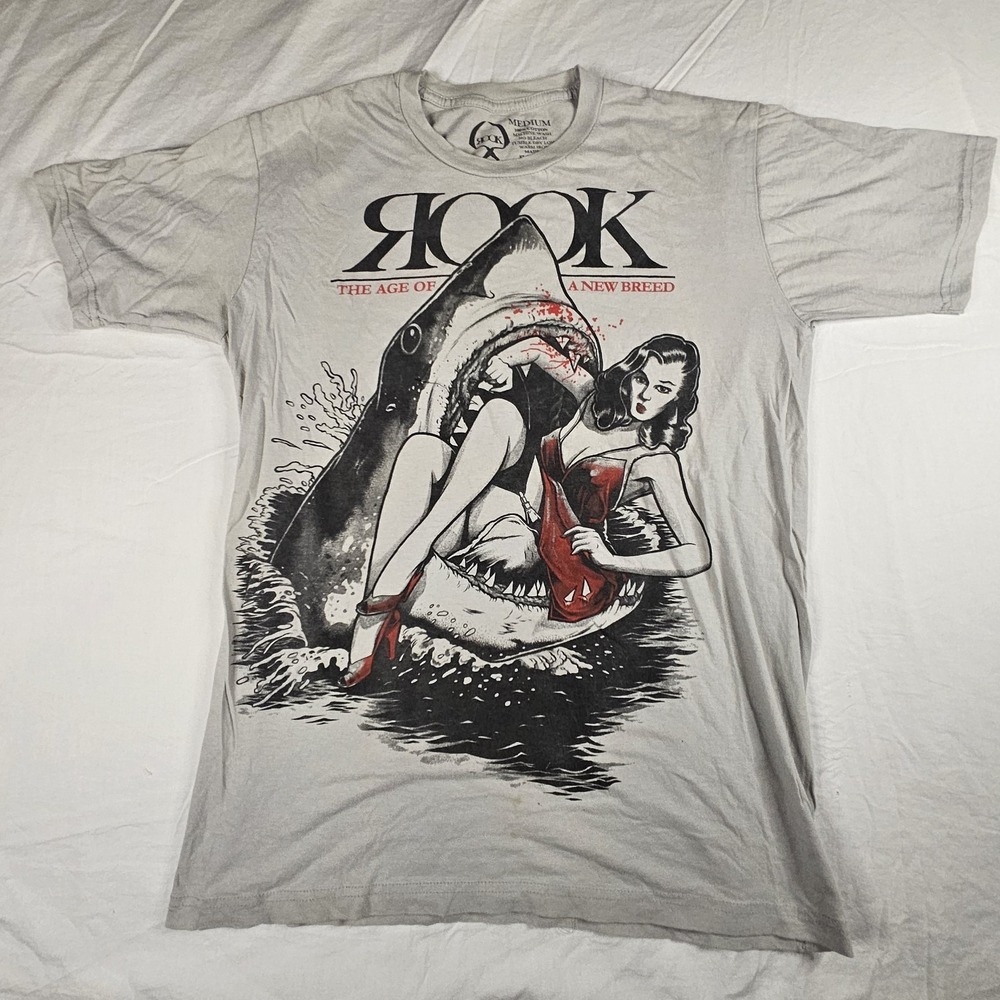 ROOK Brand Graphic T-Shirt Medium Gray Pinup Girl Shark The Age of A New Breed